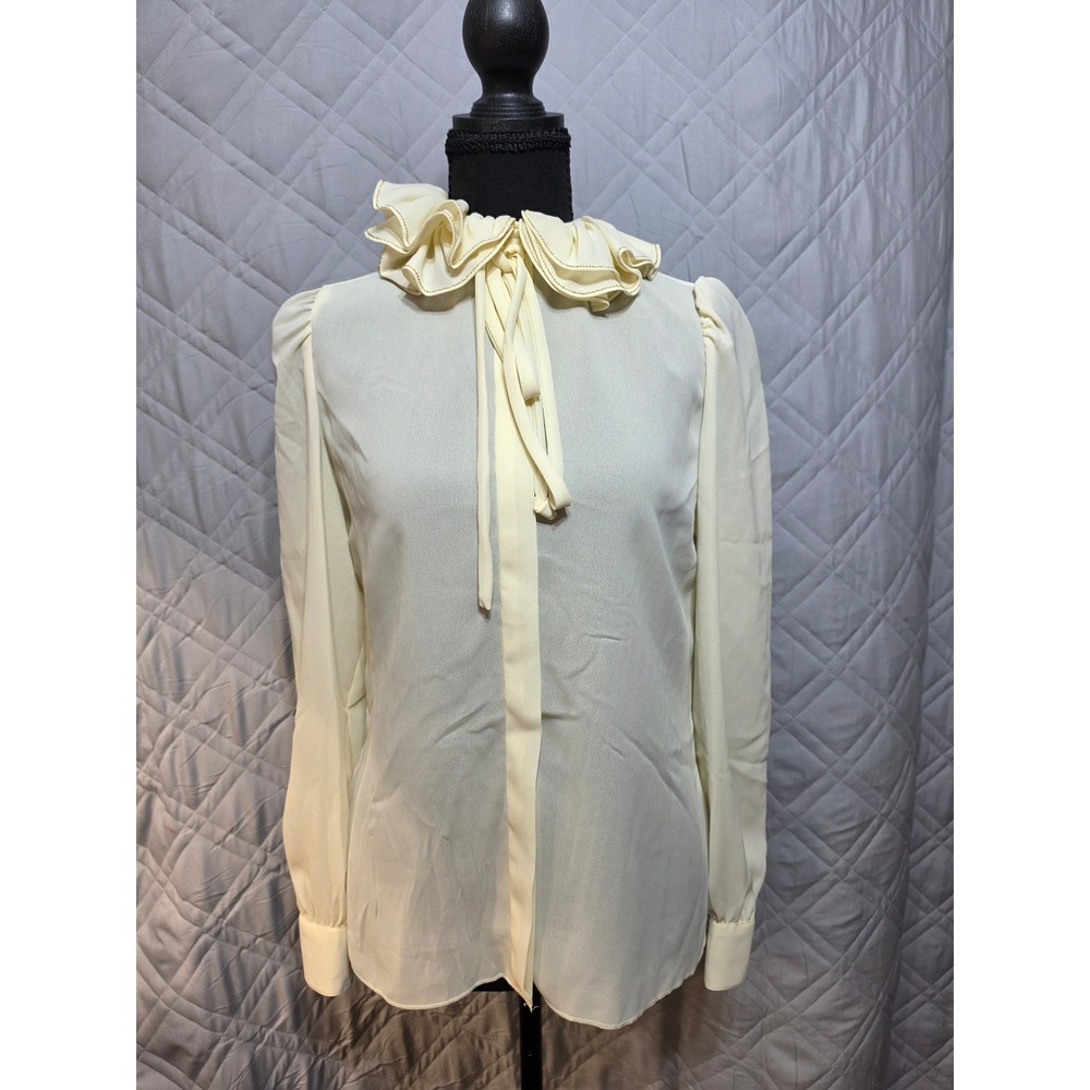 St. John Vintage Cream Ruffle Tie Neck Blouse Gold Stitch Sheer Long Sleeve Top